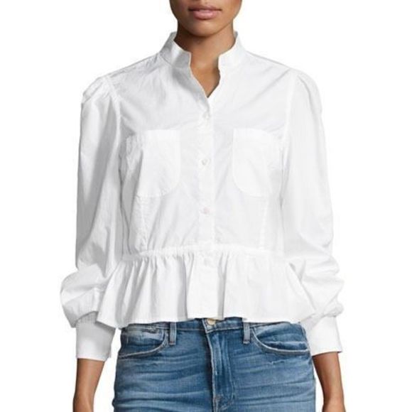 Frame Denim Tops - Frame Denim, Double-Pocket Peplum Ruffle Poplin Blouse in Blanc White Women’s XS